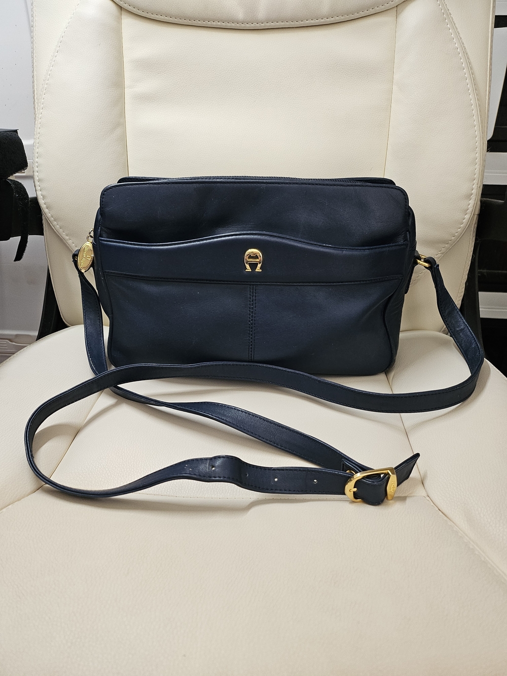 Etienne Aigner Navy Leather Crossbody with Gold Hardware